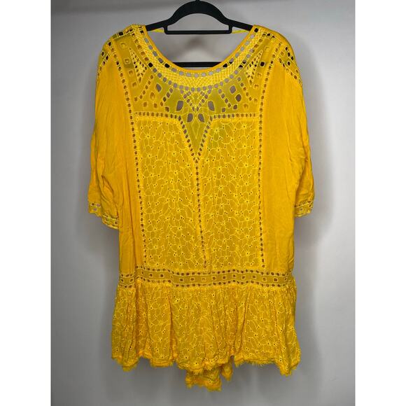 Free People Women's XS/S Tunic Top Yellow Crochet Lace Deep Back Oversized Boho - Picture 1 of 8